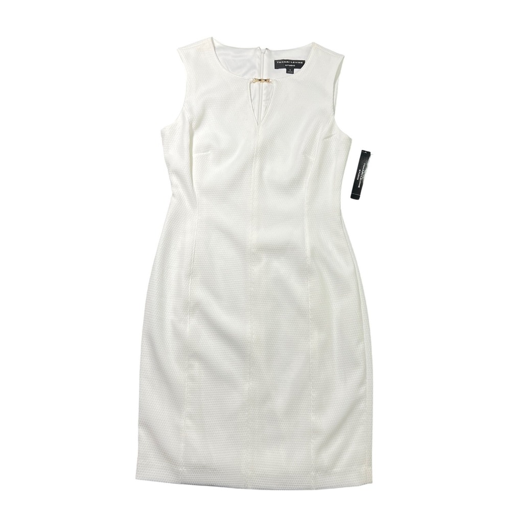 NWT Tahari-Levine Studio‎ Women's 8 White Textured Sheath Dress Gold Hardware